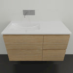 Timberline Nevada wall hung vanity in Tasmanian oak with Regal white acrylic top, front view, 1200mm single bowl