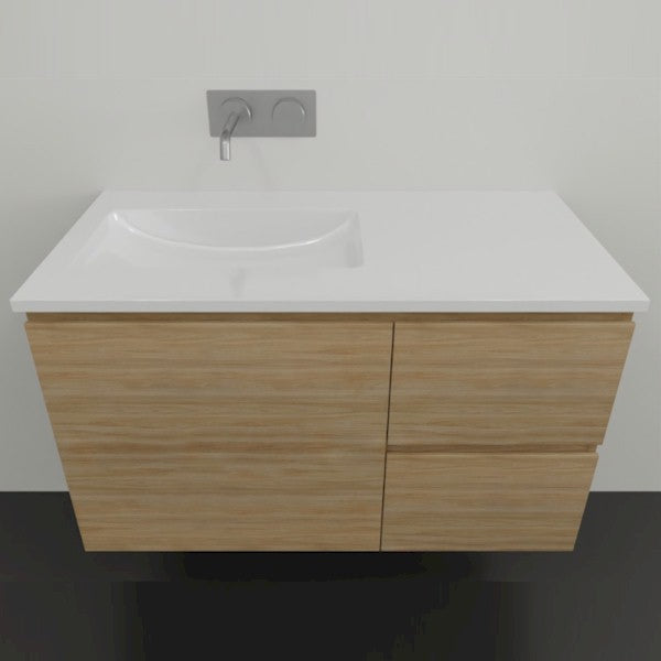 Timberline Nevada wall hung vanity in Tasmanian oak with Regal white acrylic top, front view, 1200mm single bowl