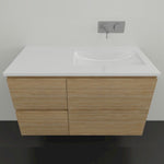 Timberline Nevada wall hung vanity in Tasmanian oak with white Regal acrylic top and left-hand basin, front view