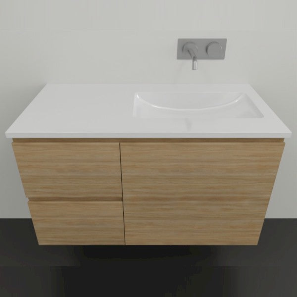 Timberline Nevada wall hung vanity in Tasmanian oak with white Regal acrylic top and left-hand basin, front view