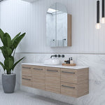 Timberline Nevada wall hung vanity with wood finish, white top and above counter basin in a modern bathroom setting