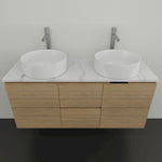 Timberline Nevada wall hung vanity in light wood finish with white SilkSurface top and two above counter basins