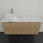 Timberline Nevada wall hung vanity with woodgrain finish, white SilkSurface top and above counter basin