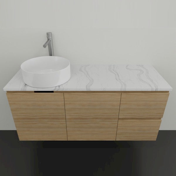 Timberline Nevada wall hung vanity with woodgrain finish, white SilkSurface top and above counter basin