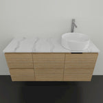 Timberline Nevada wall hung vanity in light oak finish with white SilkSurface top and round above counter basin