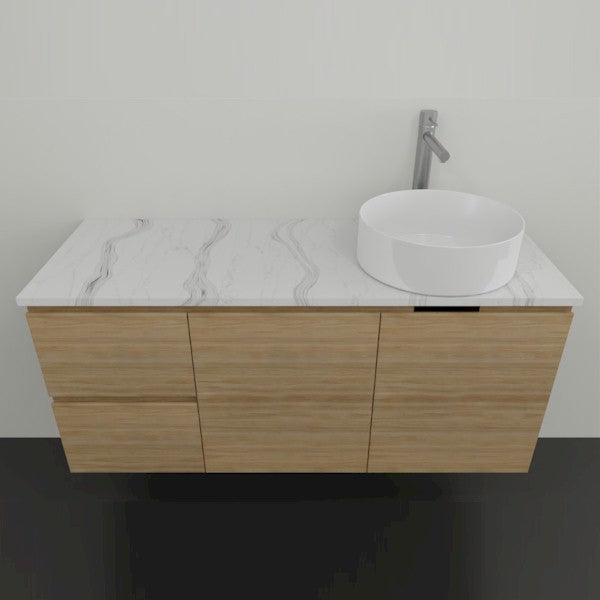 Timberline Nevada wall hung vanity in light oak finish with white SilkSurface top and round above counter basin