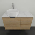 Timberline Nevada wall hung vanity with white above counter basin, marble-look top and timber finish cabinet, front view