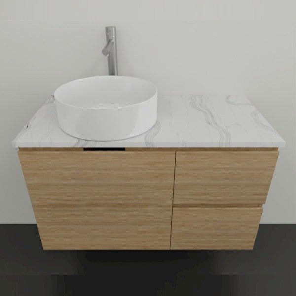 Timberline Nevada wall hung vanity with white above counter basin, marble-look top and timber finish cabinet, front view