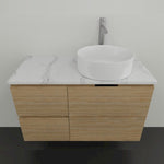 Timberline Nevada wall hung vanity with light timber finish, white SilkSurface top and round above counter basin