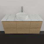 Timberline Nevada wall hung vanity with marble-look top and round above counter basin in light timber finish