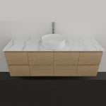 Timberline Nevada wall hung vanity with timber finish and white SilkSurface top, above counter basin
