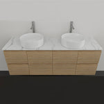 Timberline Nevada wall hung vanity with light timber finish, white SilkSurface top and two above counter basins