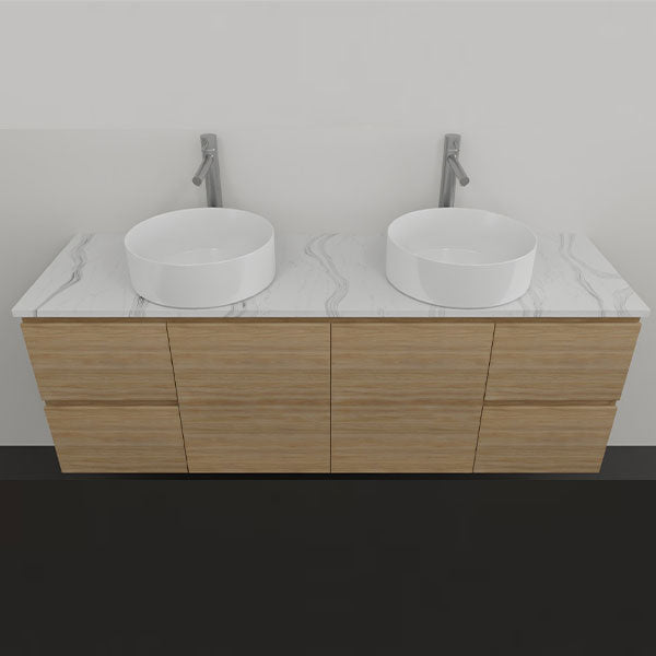 Timberline Nevada wall hung vanity with light timber finish, white SilkSurface top and two above counter basins