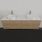 Timberline Nevada wall hung vanity with timber finish, white SilkSurface top and two above counter basins