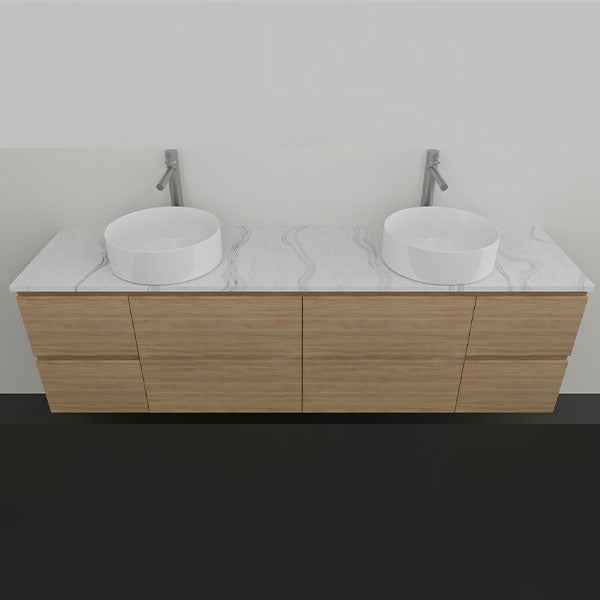 Timberline Nevada wall hung vanity with timber finish, white SilkSurface top and two above counter basins