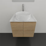 Timberline Nevada wall hung vanity with white round above counter basin and marble-look SilkSurface top, in light timber finish