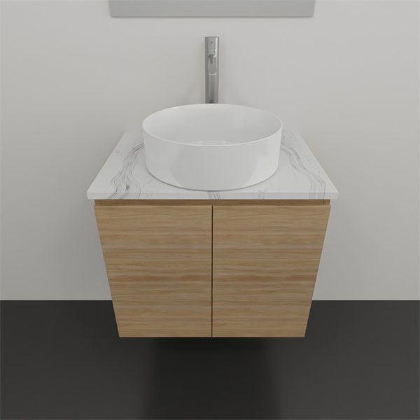 Timberline Nevada wall hung vanity with white round above counter basin and marble-look SilkSurface top, in light timber finish