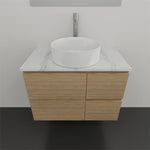 Timberline Nevada wall hung vanity with white above counter basin and marble-look SilkSurface top, oak finish