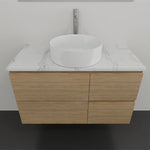 Timberline Nevada wall hung vanity in oak finish with white SilkSurface top and round above counter basin