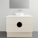 Timberline Oxbow freestanding vanity in light woodgrain with white stone top and round basin, front view