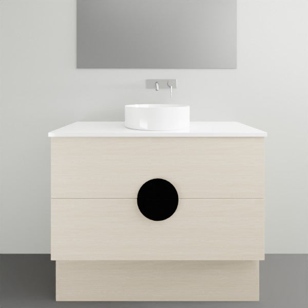 Timberline Oxbow freestanding vanity in light woodgrain with white stone top and round basin, front view
