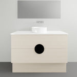 Timberline Oxbow freestanding vanity with white stone top, round basin and light woodgrain drawers, front view