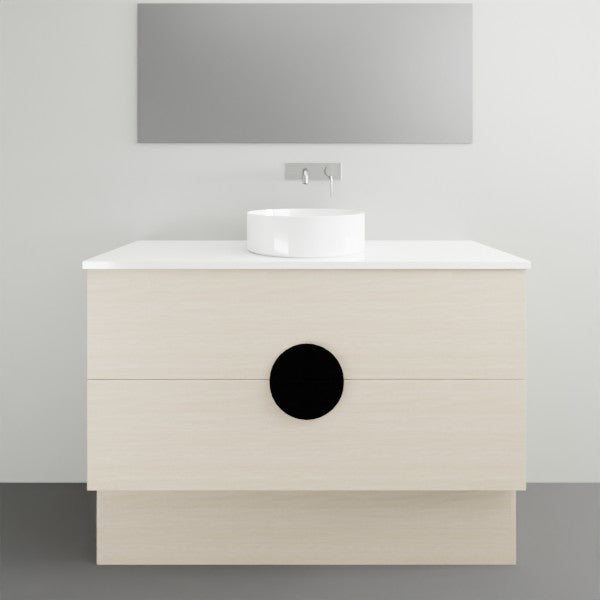 Timberline Oxbow freestanding vanity with white stone top, round basin and light woodgrain drawers, front view
