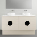 Timberline Oxbow freestanding double vanity with white stone top, twin basins and light woodgrain finish