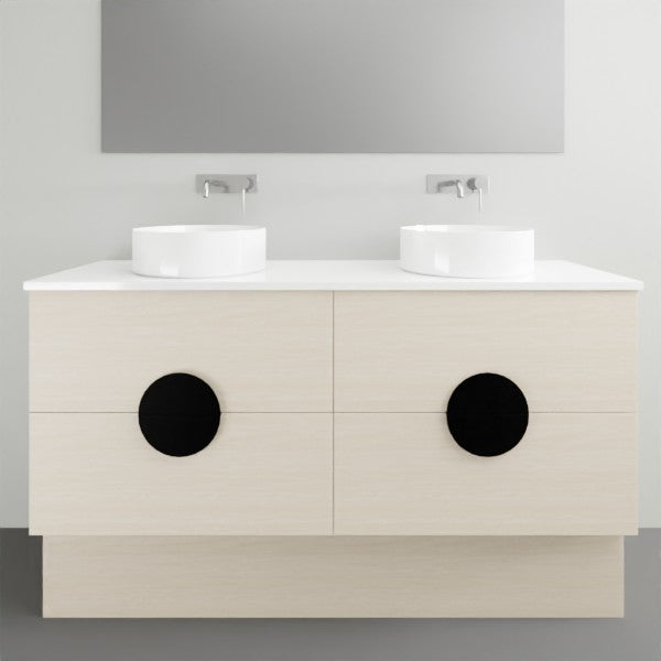 Timberline Oxbow freestanding double vanity with white stone top, twin basins and light woodgrain finish