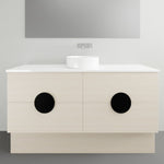 Timberline Oxbow freestanding vanity with white stone top, basin and black round drawer pulls, front view