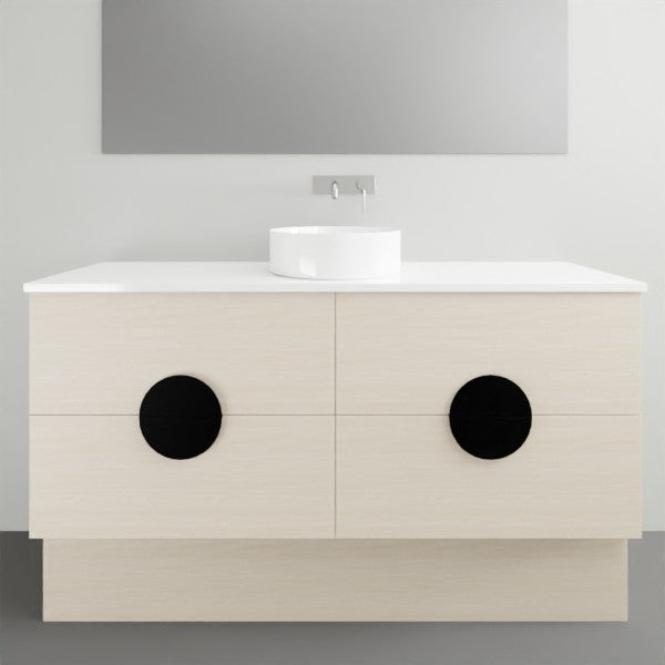 Timberline Oxbow freestanding vanity with white stone top, basin and black round drawer pulls, front view