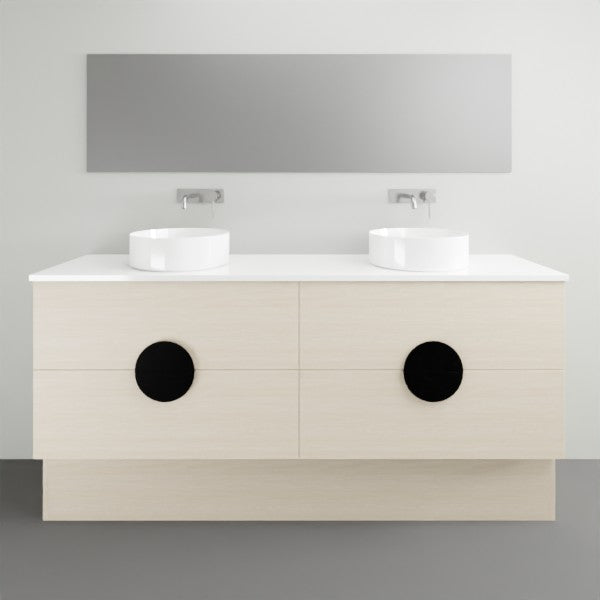 Timberline Oxbow freestanding vanity with stone top and twin round basins, light woodgrain finish and black circular handles