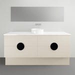 Timberline Oxbow freestanding vanity in light woodgrain, with white stone top, basin and black circular handles