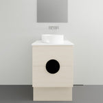 Timberline Oxbow floor-standing vanity with white stone top and round basin, front view in light woodgrain finish