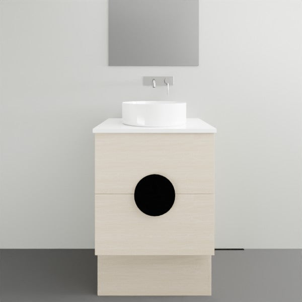 Timberline Oxbow floor-standing vanity with white stone top and round basin, front view in light woodgrain finish