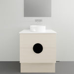 Timberline Oxbow freestanding vanity with stone top and white round basin in light woodgrain finish, front view