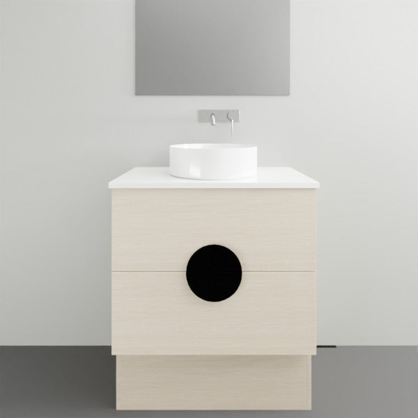 Timberline Oxbow freestanding vanity with stone top and white round basin in light woodgrain finish, front view