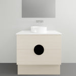 Timberline Oxbow freestanding vanity with white stone top and round basin, light wood finish, front view