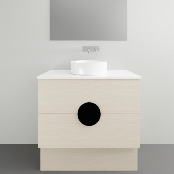 Timberline Oxbow freestanding vanity with white stone top and round basin, light wood finish, front view