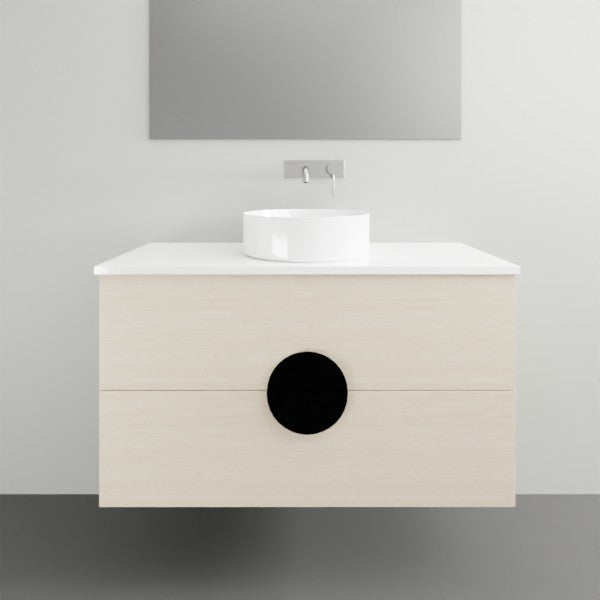 Timberline Oxbow wall hung vanity with white above counter basin, pale timber finish and round black front detail