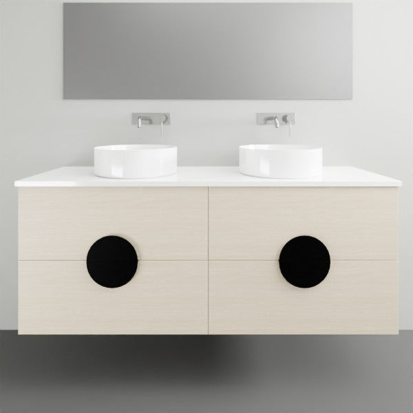 Timberline Oxbow wall hung vanity with white above counter double basins, Tasmanian oak finish, black round handles, front view