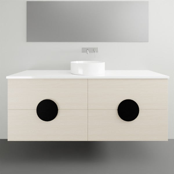 Timberline Oxbow wall hung vanity in light woodgrain finish, with white top and round above counter basin, front view