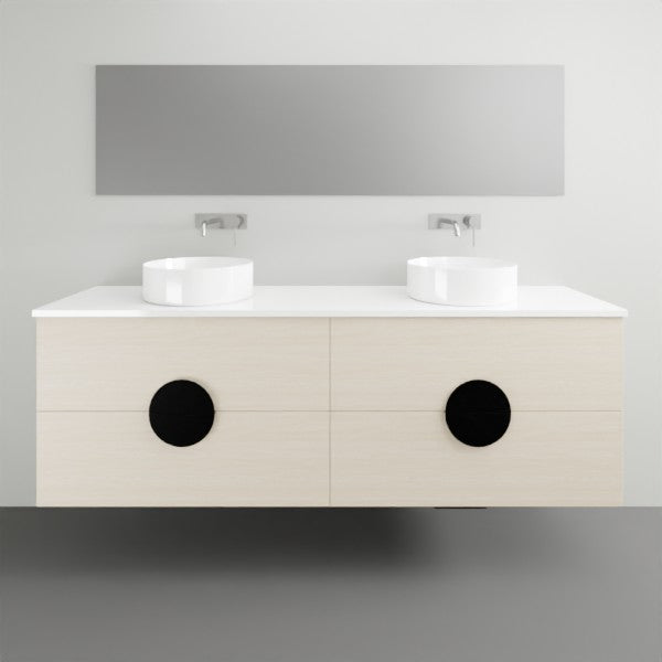 Timberline Oxbow wall hung vanity in light woodgrain with white top and double round basins, front view