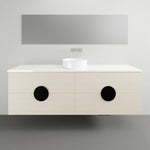 Timberline Oxbow wall hung vanity in light woodgrain with white benchtop and round above counter basin