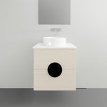 Timberline Oxbow 900mm wall hung vanity with white above counter basin and centre bowl, in light wood finish