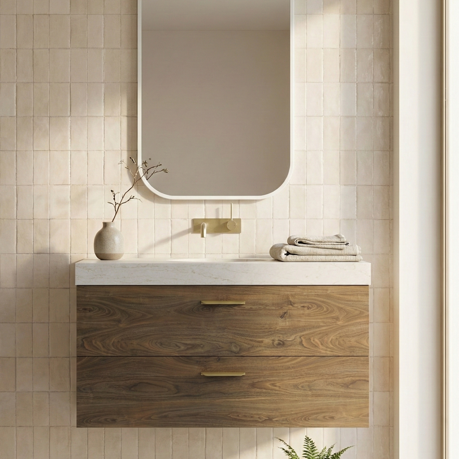 Timberline Oxbow wall hung vanity with woodgrain drawers, white box top and brass handles in a bathroom setting