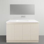Timberline Rockford floor standing vanity with white Haven Dolomite basin top, light woodgrain finish, front view