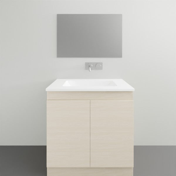 Timberline Rockford floor standing vanity with white Haven Dolomite basin top, shown front view in a grey bathroom setting