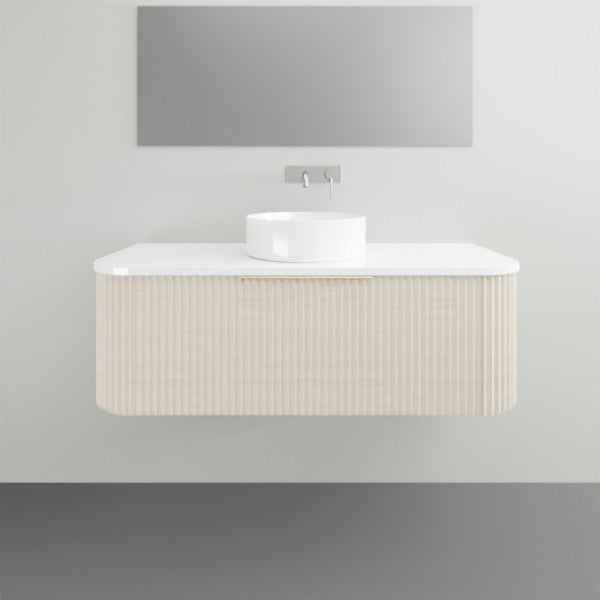 Timberline Santos Apollo fluted wall hung vanity with white top and above counter basin in a bathroom setting
