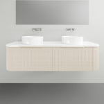 Timberline Santos Apollo wall hung fluted vanity with white top and double above-counter basins, front view